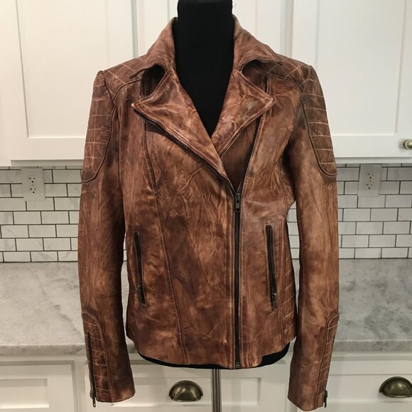 Scully Jacket Womens XL Distressed Brown Lamb Leather Moto Biker Quilted Zip - Picture 1 of 13